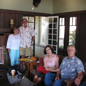 Final night libation at the hill-top Banning House Lodge; Standing: Brent & Dixie (Discovery), seated: Kent & Marcia (Marcia Jane)