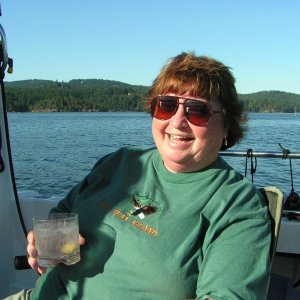 (Pat Anderson) Patty - First Official Sundowner in Cockpit of New Daydream, Blind Island
