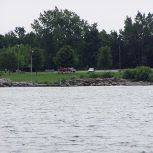 Returning to Home Launch Site at Golden Hill SP, L. Ontario: Red Truck and Trailer in Background