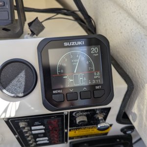 Media 'SMG4 main display showing: RPM, SOG, MPG, tilt, temp, time of day' in album 'Putting some hours on a new Suzuki DF50A'