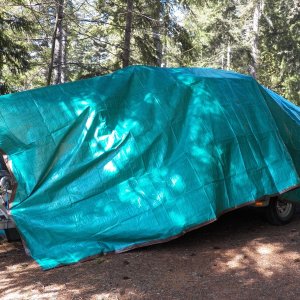Media 'The $20 plastic tarp thrown over the boat.  Measure the amount it hangs down too much front and rear and cut a dart in the middle.  Piece it back together with duct tape.' in album 'Four 10 foot lengths of PVC pipe laid between the cabin top hand hold and the "bump" in the CD 16 cabin top.'