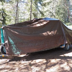 Media 'Now the edges hang down evenly to the trailer and are ready for attachment with bungee stoppers.  I'm not worried about a little water dripping through, as there is enough ventilation.  The cover is for protection from pitch, bird poop, leaves, pine needles, etc.' in album 'Four 10 foot lengths of PVC pipe laid between the cabin top hand hold and the "bump" in the CD 16 cabin top.'