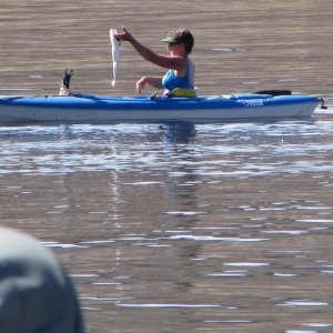 Toni catches a Striper, Oak Canyon