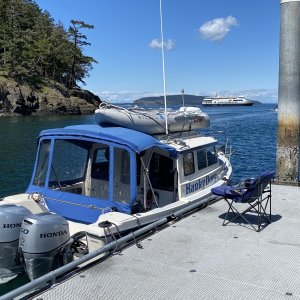 Hunkydory at Jones Island.  Nation Geographic Quest in the background