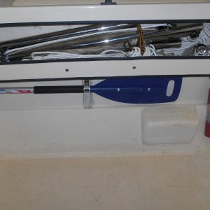 Media 'When not in use it stores under the gunnel.' in album 'The boom makes easy work of lifting the dinghy on and off the roof.  I can also swing items across the gunnel to and from the dinghy.'