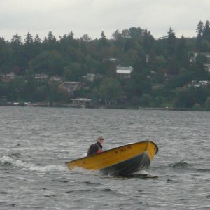 Boat #10 (2008-2009): 1989 Duroboat 14' on Lake Washington, running a late 90's 15hp Johnson 4-stroke in this photo.