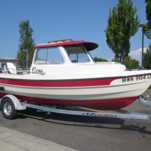 Media 'Boat #14 (2013-2017): 1990 Angler 16 with original Johnson 40 at the Edmonds launch after a day of crabbing.' in album 'Boat #1  (1989-1991): 1980 RIS 9 with a 1976 Johnson 15hp (with 9.9 decals to make it "legal").'