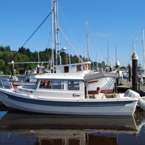 One of our favorite spots, Swantown Marina in Olympia, WA. Big Mac relaxing after dinner.