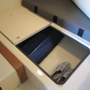 Media 'Forward port access open position #1' in album 'Port forward hatch closed showing stainless hinges'
