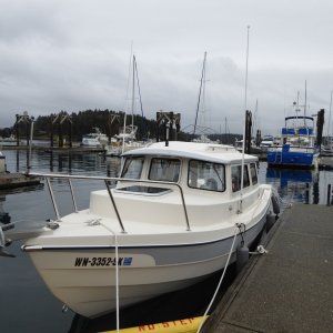 Here in slip H-27. Friday Harbor is a good spot for weekend projects, with shorepower for the tools, an Ace Hardware and West Marine up town in case supplies are needed.