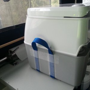 Strap (one loop forming handle on each side) added for ease of moving from Berth to cockpit overnight