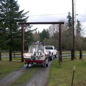 16' former ("Sea Shift") leaving the Safford Farm as she has been sold.