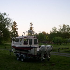 (DaveS) Sea Shift with her Johnsons, grazing in the pasture where the cows used to be.  (Wife said, "get rid of the cows" several years ago, so we had to have something out there to munch on the grass...tee hee).  (4/26/04).