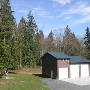 (DaveS) Sea Shift\'s New Home
Doors are one 10'X10'and two 10'X12'. (I recommend at least 12'wide thereby making the shop 42' wide).
Total shop is 36'wide X 34'deep.
(I also recommend changing the 34'deep to at least 38'deep as I currently only have 4' behind the engines in the down position).