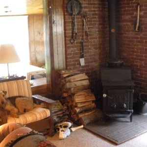 Warmest corner of the cabin in winter and Boomer's favorite chair.