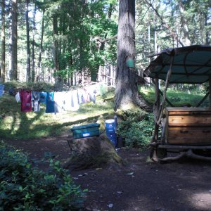 Treasure chest and t-shirts for sale.  Stuart Island.
