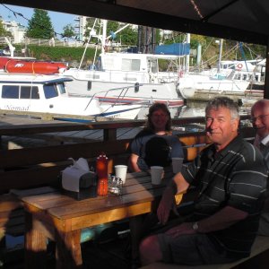 Martin, Andrea, and Ian, waiting for their fish & chips.  Jackie is behind the camera.