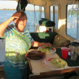 Dixie fixes dinner on the hook in Frank's Tract.