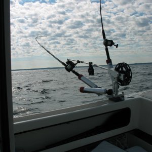 (Not For Hire) Starboard downrigger with three rod holders.