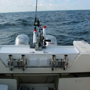 Media '(Not For Hire) Center downrigger with two rod holders.' in album 'Lake Michigan King, 1 of 9 taken Aug 10, 04 and a steelie too'