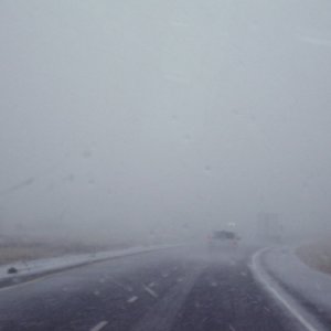 The view through the windshield... snow in west Texas