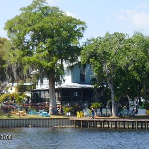 Cresent City town dock,The restaurant called "3 Bananas" up the hill.