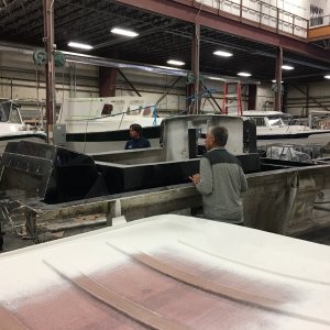 Media 'Looking over towards the final assembly and rigging area, with the C-Dory 19 deck mold in foreground' in album 'Arrival at the factory Saturday morning Aug 17 for the C-Brats tour'