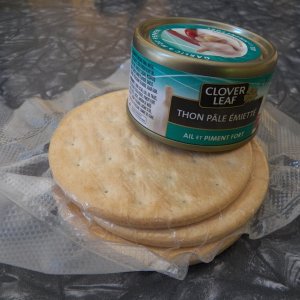Media 'A boater's lunch.  Pilot bread and tuna.  The little cans are only available in Canada and have a "best by" date about two year's out.  No can opener needed.  Pilot bread is "good" for decades.' in album 'My favorite breakfast.  Muesli with powdered whole milk.  Just add water to the bag (no dishes).  Waterproof and seems to last for years.'