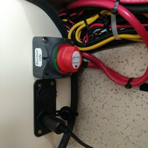 Here's the switch I installed to kill the circuit to the windlass. When not using the windlass the switch will be in the OFF position so we can't accidently release the anchor while underway.