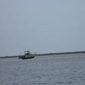 notice red marker on the other side of their boat he is facing the inlet,he is On the wrong side of the tracks!Tide still going out he's going to be there a  while. Near Holgate New Jersey, Little Egg Inlet May 1, 2011