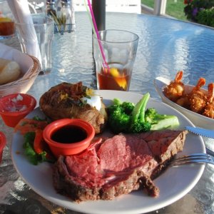 Prime rib and coconut shrimp, 8th anniversary dinner, Islander Cafe, Lopez Island