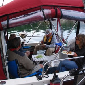 Vicki, Gary, Pat and Patty on Daydream rafted to Knotty C in Garrison Bay