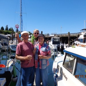 July 11, 2014, Christening of the R-Matey. Joe, Barry and Ruthie