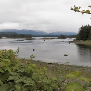 The bay in front of Mamalilaculla, looking west.  Too shallow for motor boats.  Perfect for canoes.