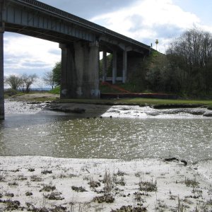 Stillaguamish River (Stilly) at SR 532 bridge, between Stanwood and Camano Island, looking west.  Tide at about +2 ft., actual depth unknown.