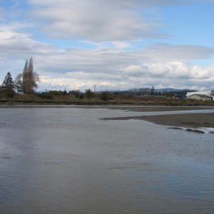 Junction of Stilly and South Pass, looking north.  Large white building is Twin City Foods in Stanwood.