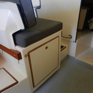 Media 'Here is the finished drawer with trim.  I used a barrel bolt to keep it latched.  There is a detent in the pantry slide, but it is not very strong.  I don\'t like the barrel bolt and will likely look for a better-looking alternative.' in album 'This was the standard Norcold install under the copilot seat.'