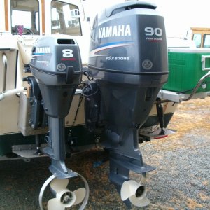 Both the 90 HP 4 stroke and the 8 HP 4 stroke were installed in December 2008. 90 has 170 hours. Unknown hours on the 8, but the previous owner used the boat very little according to the hours on the 90. Both engines have flush out ports for flushing without starting. I still use the old school method though with the ear muffs.