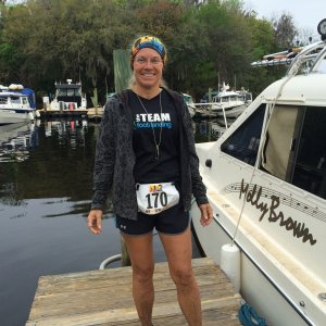 Thanks to all who came to cheer Betty on for the Hontoon Island 10K Trail Run. She placed third overall for the women. Thank goodness for the showers; mud from her thighs down. \'Course the boat wasn\'t much better after 17 days of river exploration.