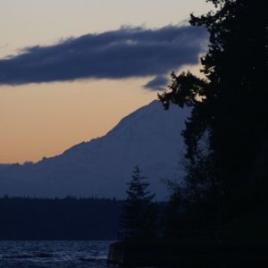 Media '11-13-14 DSC06705 Rainier at dawn, leaving our marina on a cold (28 F) and breezy November morning. The new Wallas 1300 brought the cabin from 28 up to 60 degrees in about 45 minutes. Once the sun came up, the heater quickly made things too warm!' in album 'Winter Boating 003 - Budd Bay looking West'