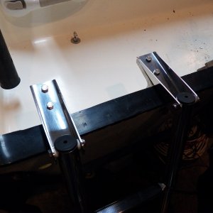 Here is the 4-step ladder deployed.  It has a "stop" feature that keeps it perpendicular to the transom.