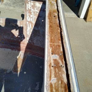 Media 'Fiberglass skin and rotted wood removed. Will be filling with Carbon Core pourable as I have some left from transom. Will reskin with polyester and glass.' in album 'IMG 20221018 155051448 Original'