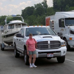Marcia w/new tow vehicle, Dodge Ram 2500  with TurboDiesel.  Can't tell Valkyrie is behind it on the road.