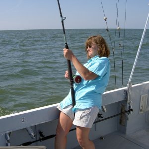 Marcia battling a big blue off-shore / SC.  Sorry, we're not on a C-Dory!