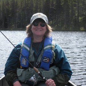 Marcia geared up for some trout fishing from our canoe on Sibley Lake, Big Horn NF, WY
