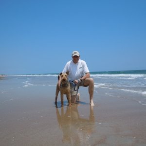 Nick and Boomer on the beach.  Surf City, NC.