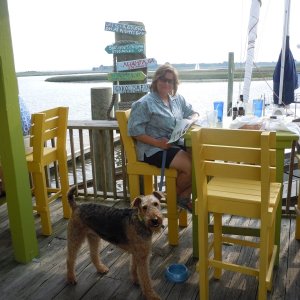 Marcia and Boomer at Fishy Fishy Cafe in Southport, NC.  Probably the only restaurant in the South without hushpuppies.