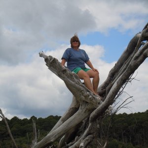 Marcia demonstrating childhood skills at Hunting Island SP. SC.