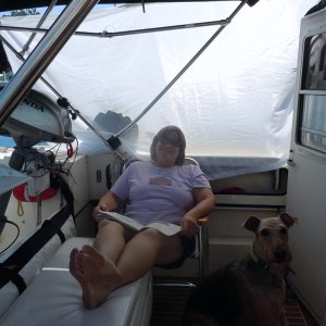 New sun shade that Marcia made from heavy nylon.  It has a sleeve at the top through which I ran a nylon line that ties to the radar arch and the bimini framework.  The lower aft corner can be secured by closing it in the lazerette.   Clothes pins can be used to secure it to the edge of the coaming box and grab rail at the back of the cabin.