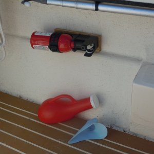 Little Jon with Lady Jane adaptor from Cabela's.  It allows someone to relieve themselves discreetly at a marina or elswhere.  Not exciting, but very practical, especially for women.